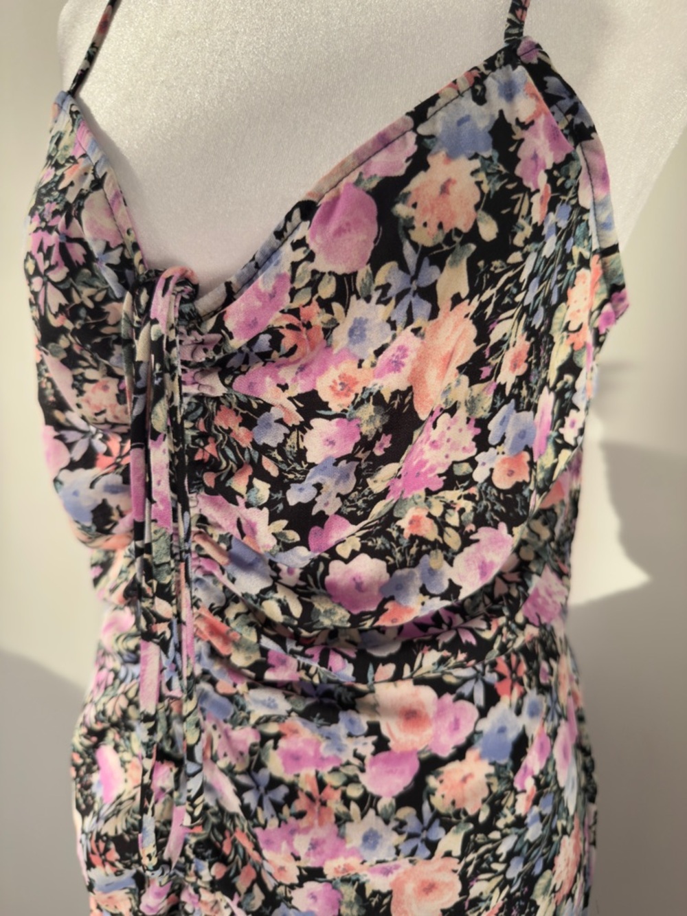 Blashe Black Pink Floral Ruched Cami Mini Dress Sweetheart Ruffle Hem - Picture 4 of 8